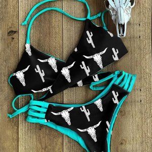 Cowgirl Style Graphic Two-Piece Bikini Set For Women- Large- Black